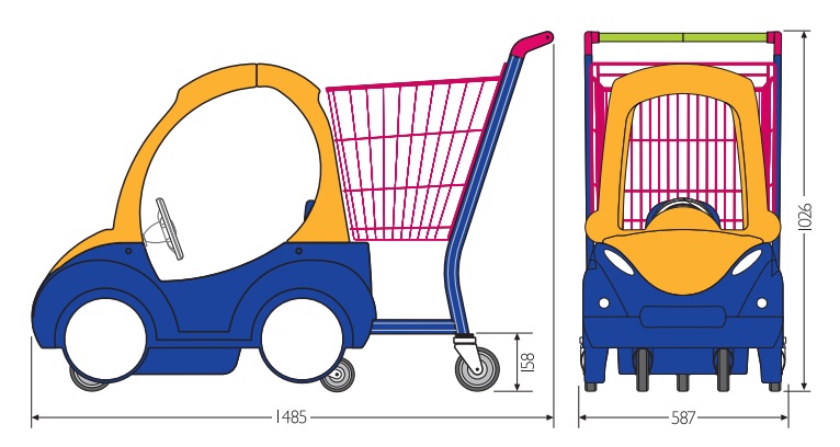 Детская тележка для супермаркета Автомобиль 90 л (колеса траволаторные)