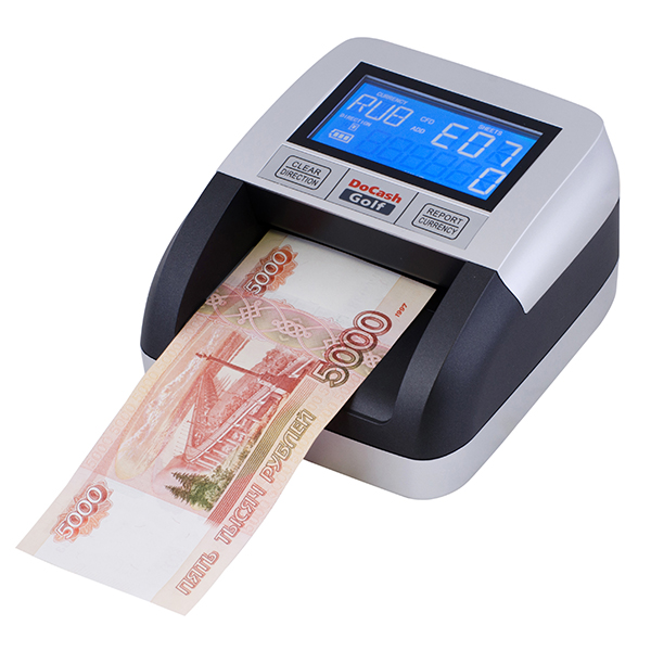 Автоматический детектор банкнот DoCash Golf Multi (с АКБ) все ориентации, до 5 валют (опционально), >100 банкнот/мин, LCD дисплей, распознает банкноты в 200 и 2000 рублей.